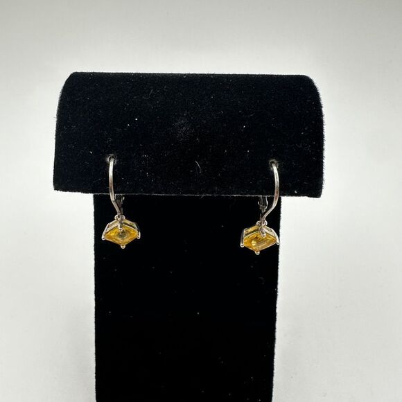 1" sterling silver lever back, princess cut citrine dangle earrings! - Picture 4 of 12